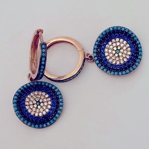 🧿 925 Silver earrings turquoise blue and cz stones fancy evil eye hoop
